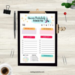 unicorn productivity pad worksheet on clipboard