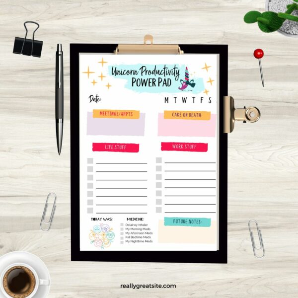 unicorn productivity pad worksheet on clipboard